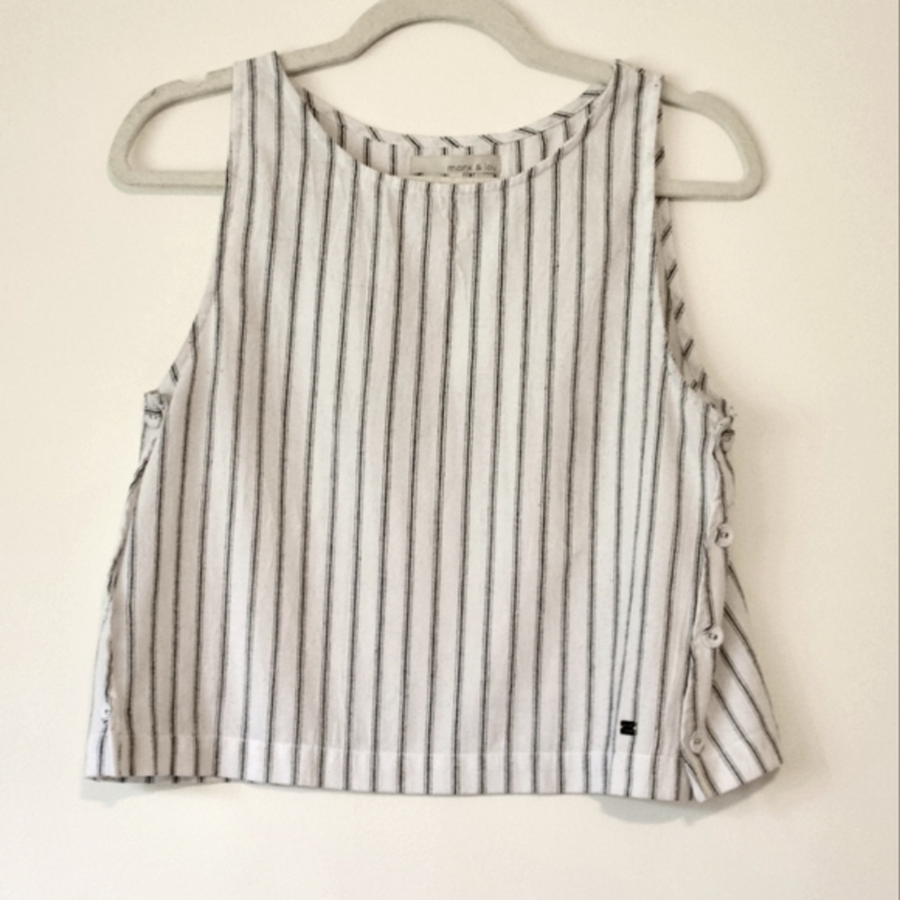 Monk & Lou | Cotton Striped Side Button Cropped Relaxed Fit Tank Shirt White
